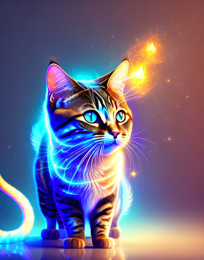 Neon-lit cat in cosmic backdrop with fiery elements