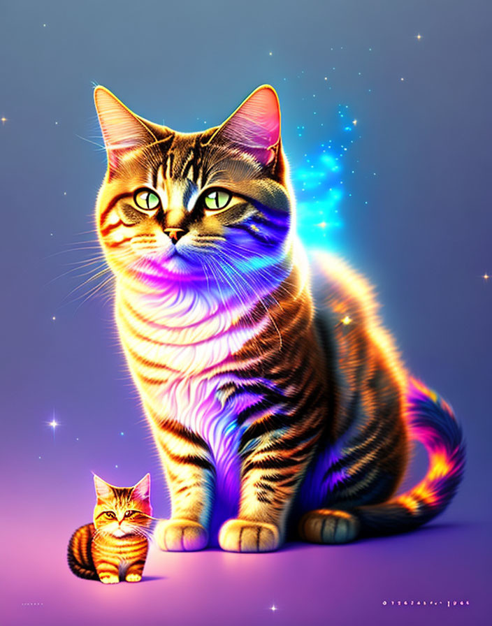 Vibrant digital artwork featuring two striped cats on a starry purple background