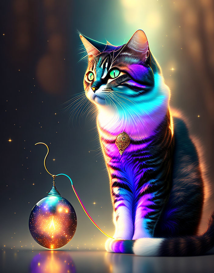 Colorful Cat Illustration with Ornamental Sphere on Starry Background