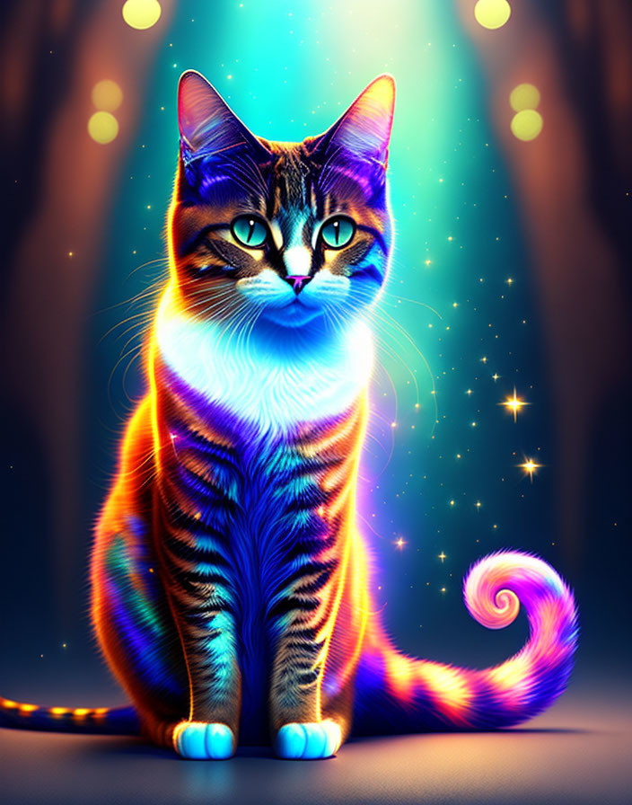 Vibrant cosmic cat art with neon lights on dark background