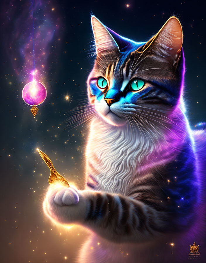 Cosmic-patterned cat with golden pen and pink crystal in starry scene