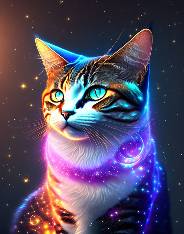 Colorful Cat Artwork with Cosmic Theme and Turquoise Eyes