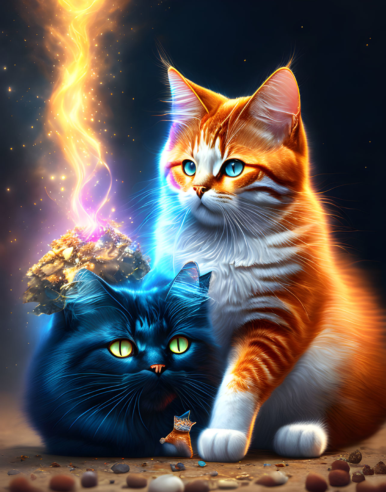 Colorful illustrated cats under cosmic sky with comet