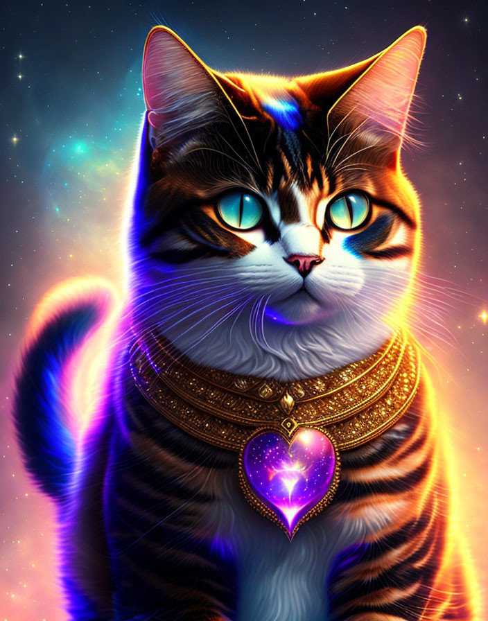 Digital Artwork: Tabby Cat with Gold Jewelry in Cosmic Scene