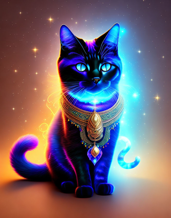 Blue cat with glowing jewelry in mystical starry setting