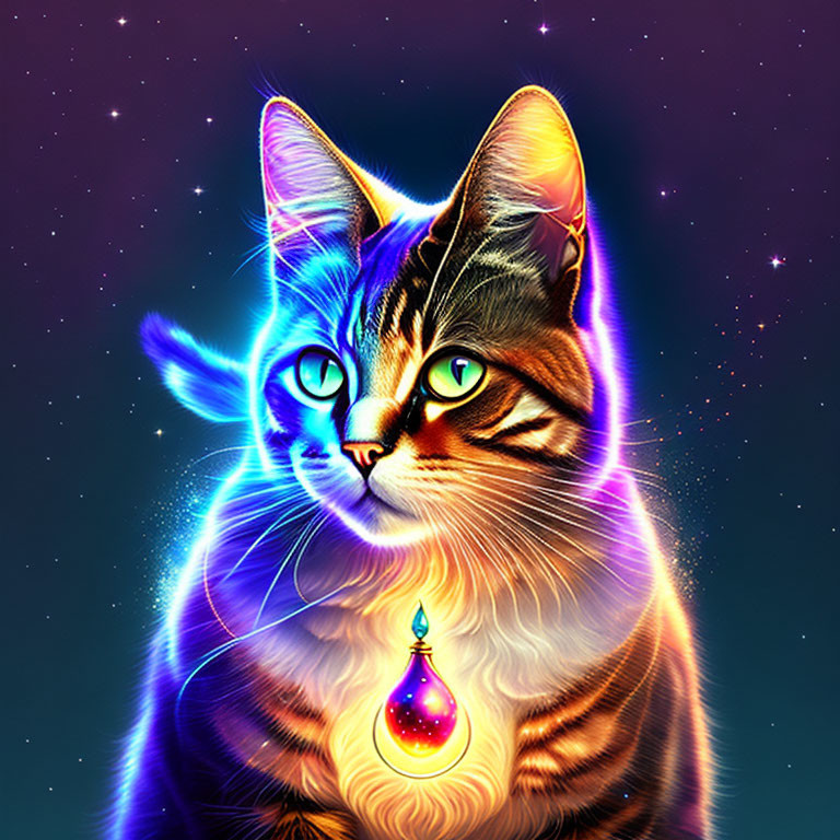 Colorful Cat Art with Cosmic Aura and Glowing Pendant Against Starry Space