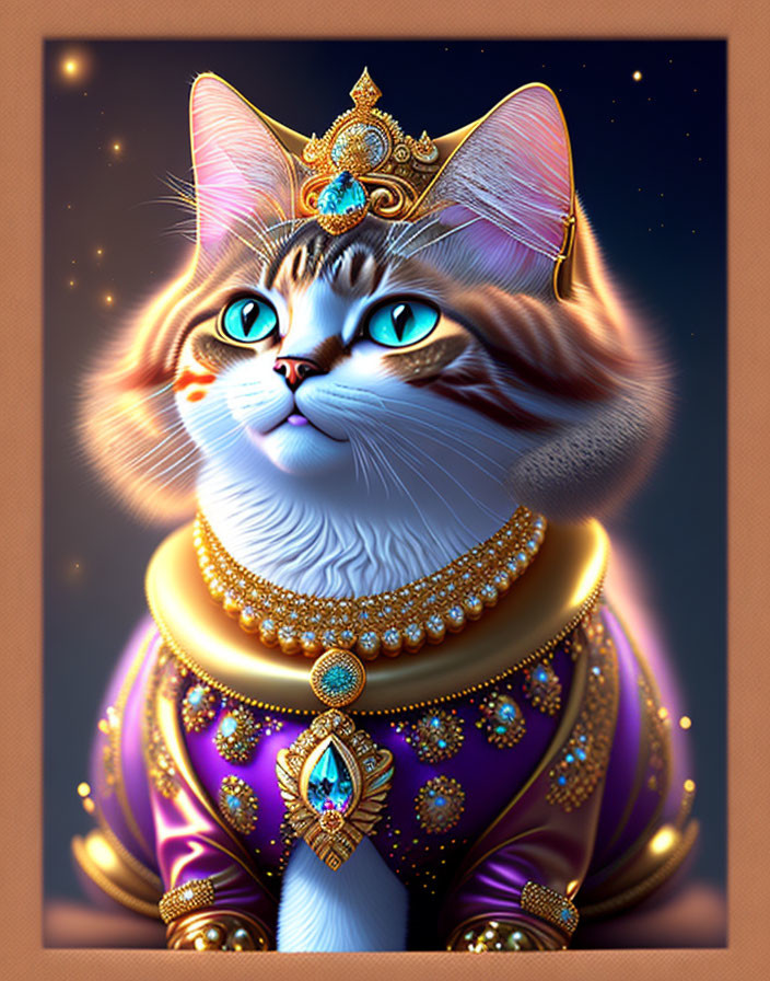 Regal cat with crown and jewelry on starry backdrop