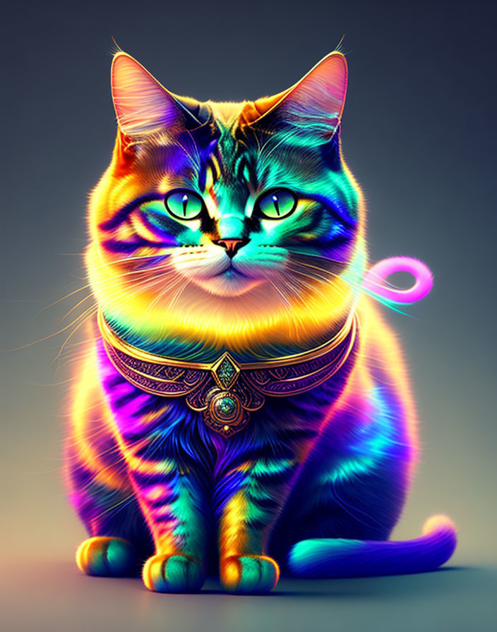 Colorful digital artwork of a cat with intricate patterns and neon hues