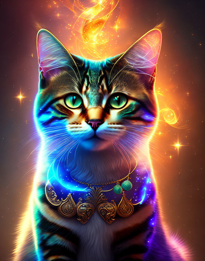 Colorful digital artwork: Cat with jewelry and mystical flames on cosmic background