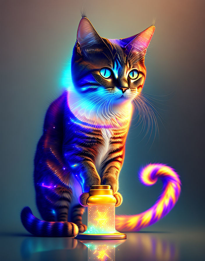 Colorful digital artwork: Cat with blue eyes holding lantern on blue and orange gradient.