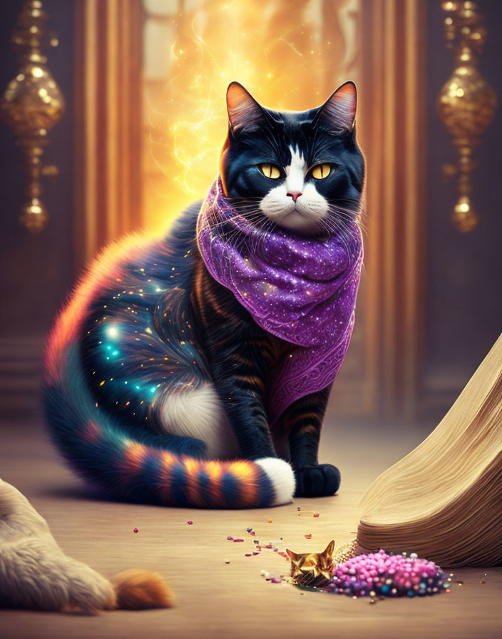 Cosmic-patterned scarf on majestic cat with magical elements