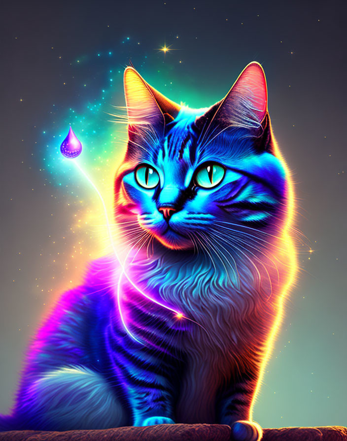 Colorful Cat Artwork with Glowing Blue Eyes and Cosmic Background