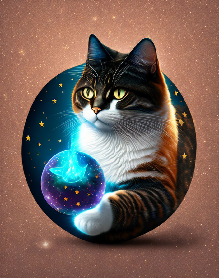 Cosmic cat artwork with glowing orb on starry backdrop