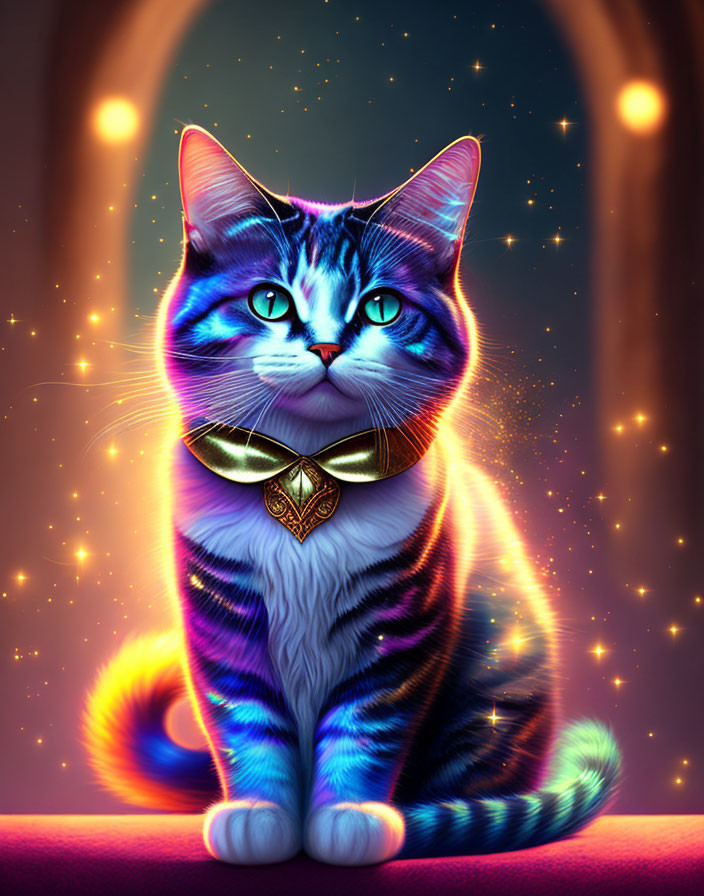 Colorful digital artwork: Blue and white cat with golden eyes against cosmic backdrop.