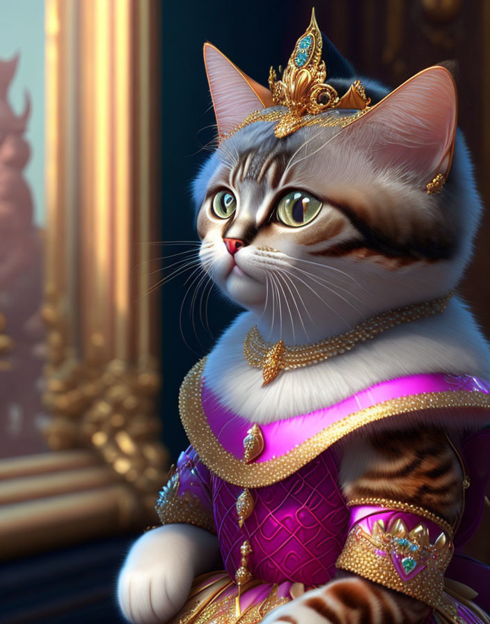 Regal anthropomorphic cat in golden crown and jewels gazes out window