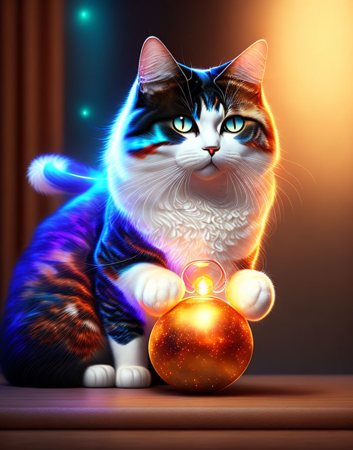 Majestic cat digital artwork with glowing eyes and Christmas ornament