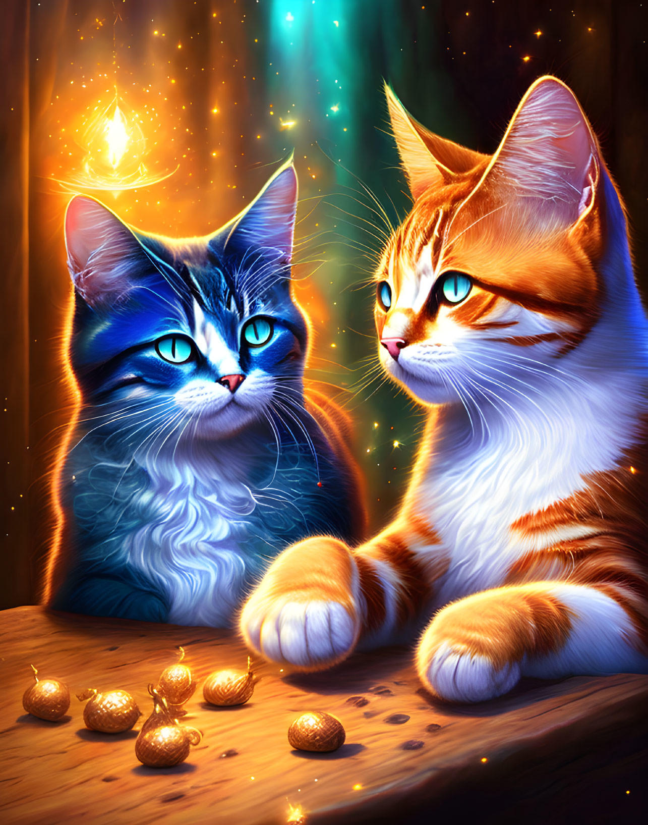 Illustrated cats with celestial fur patterns and golden coins on wooden surface