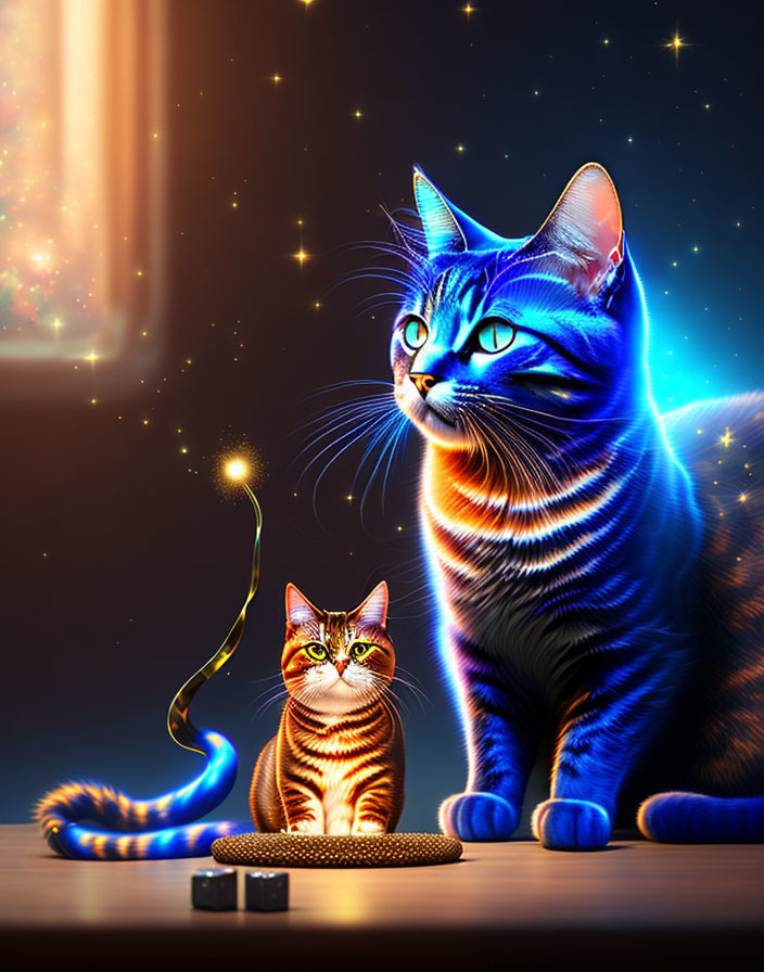 Vibrant neon-striped cats with glowing object under starry night sky