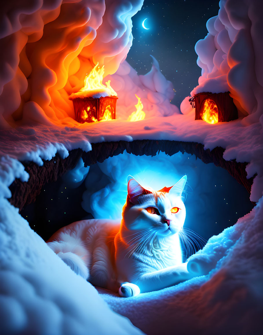 White Cat Resting in Snowy Night Landscape with Glowing Eyes