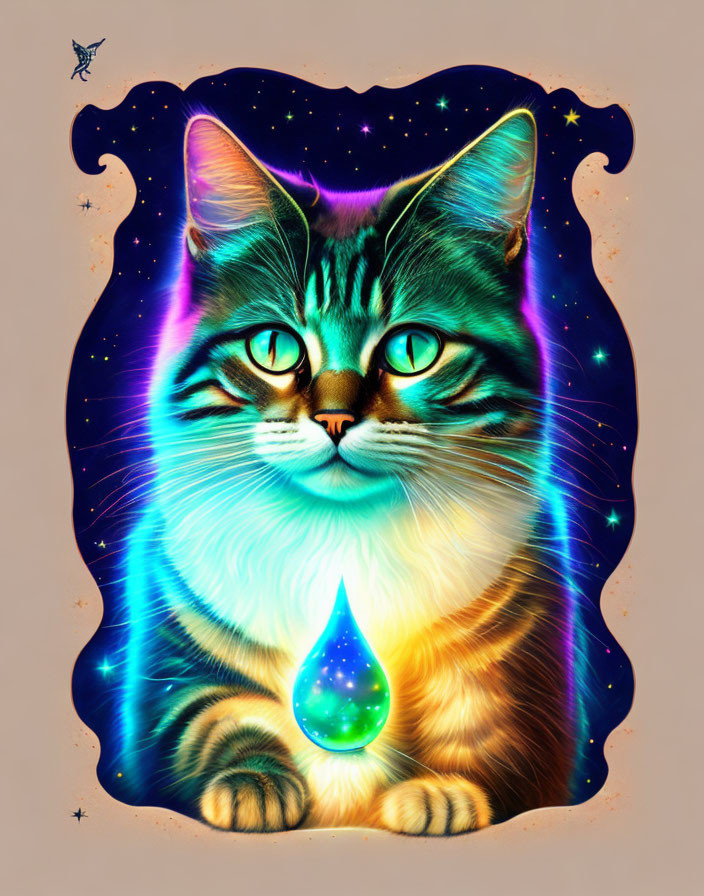 Colorful Cosmic Cat with Starry Body and Glowing Teardrop against Warm Background