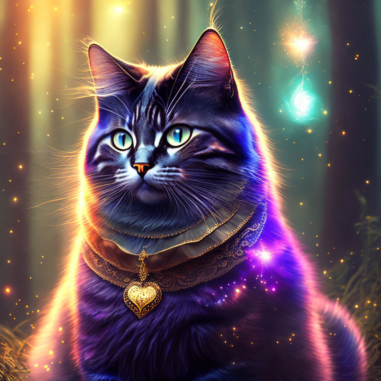 Blue-eyed cat adorned with jewelry in mystical starlit setting