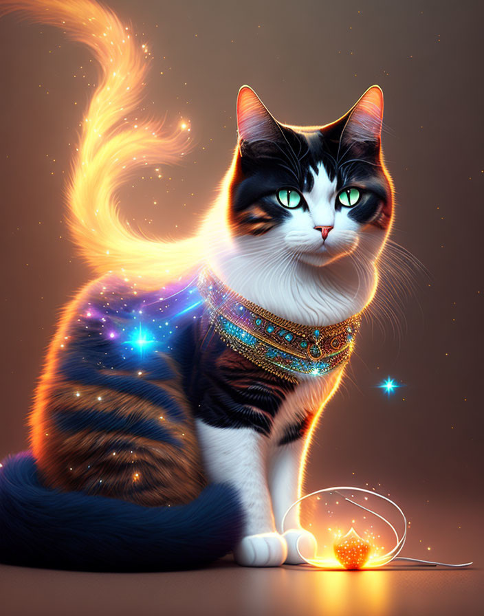 Sparkling fiery-tailed cat with ornate collar beside glowing orb on warm brown backdrop