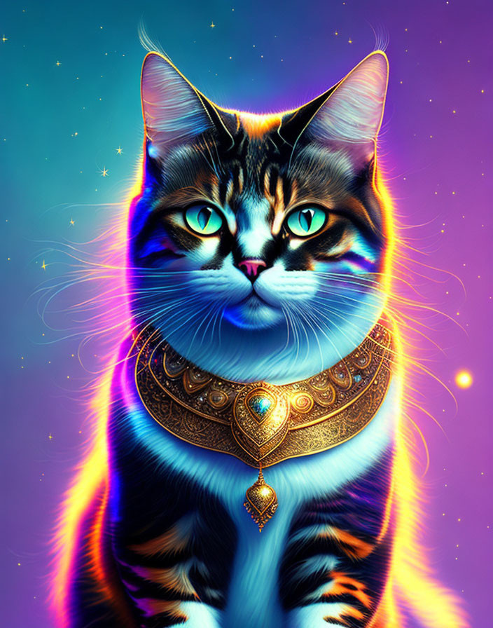 Colorful digital art of majestic cat with golden collar and gemstone on cosmic background