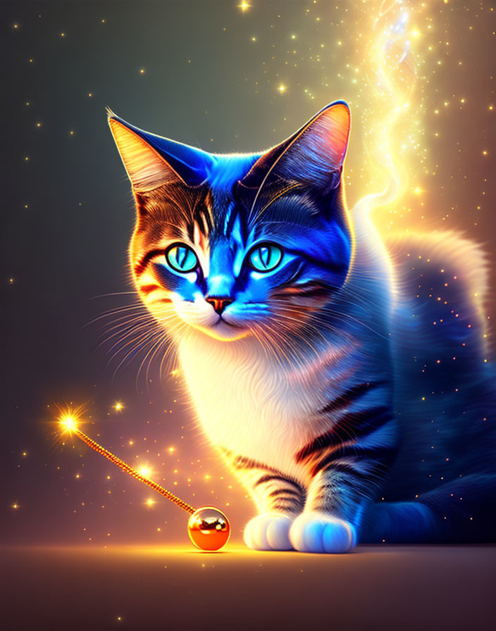 Colorful cosmic cat artwork with glowing patterns and starry pendant