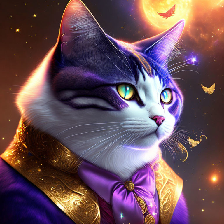 Majestic cat with blue eyes in purple cloak under starry sky