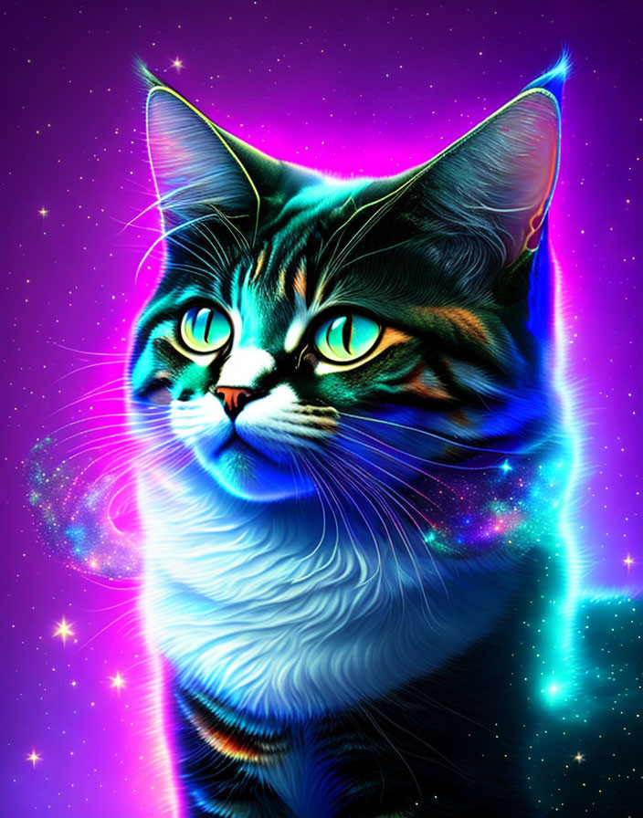 Colorful digital cat art with cosmic galaxy backdrop.