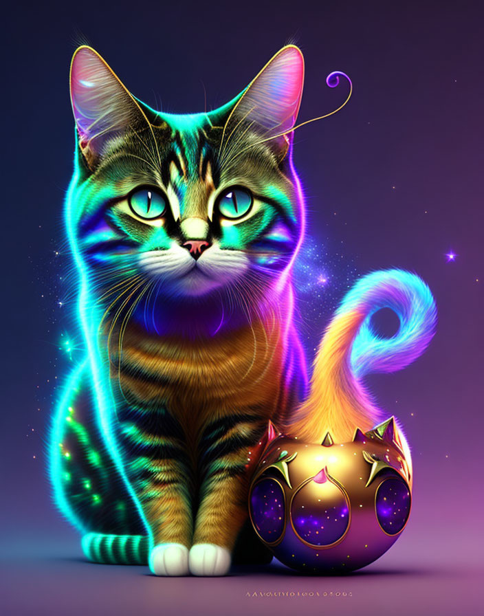 Colorful Digital Artwork: Neon Cat with Glowing Eyes and Fantasy Lantern