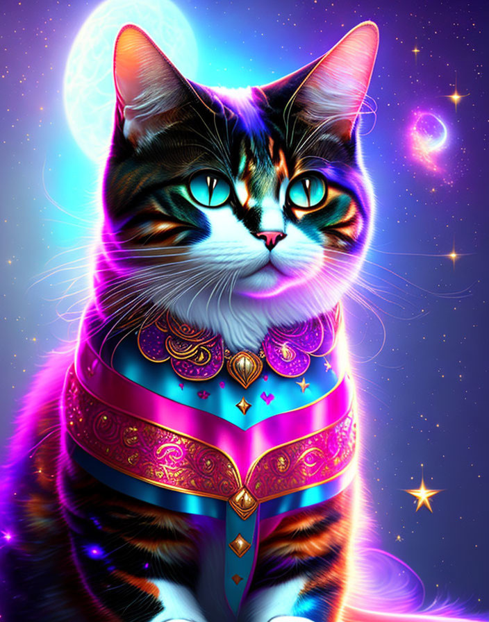 Colorful digital artwork of a cat with blue eyes in cosmic setting