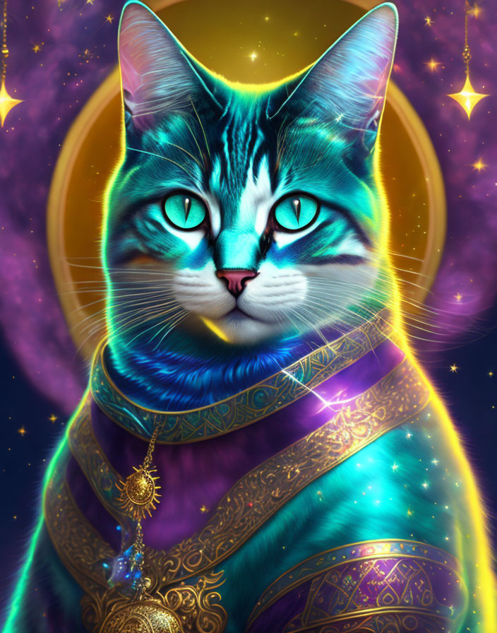 Cosmic-themed cat illustration with blue fur and halo