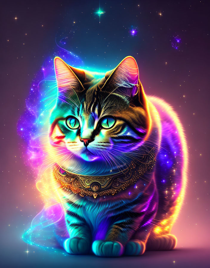 Colorful neon glow cat art with intricate collar on starry backdrop