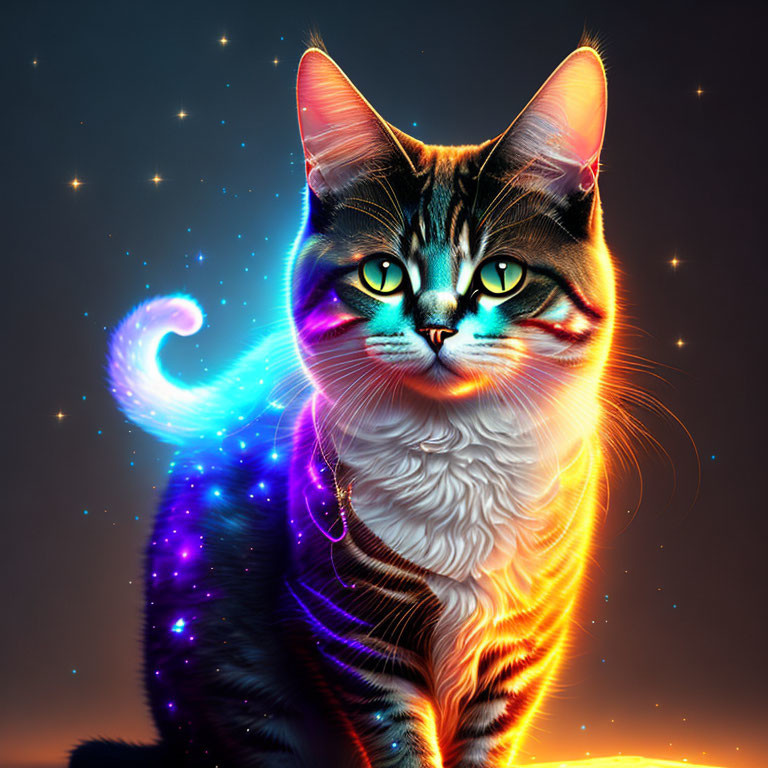 Colorful digital artwork: Glowing cat with cosmic stripes and nebula tail