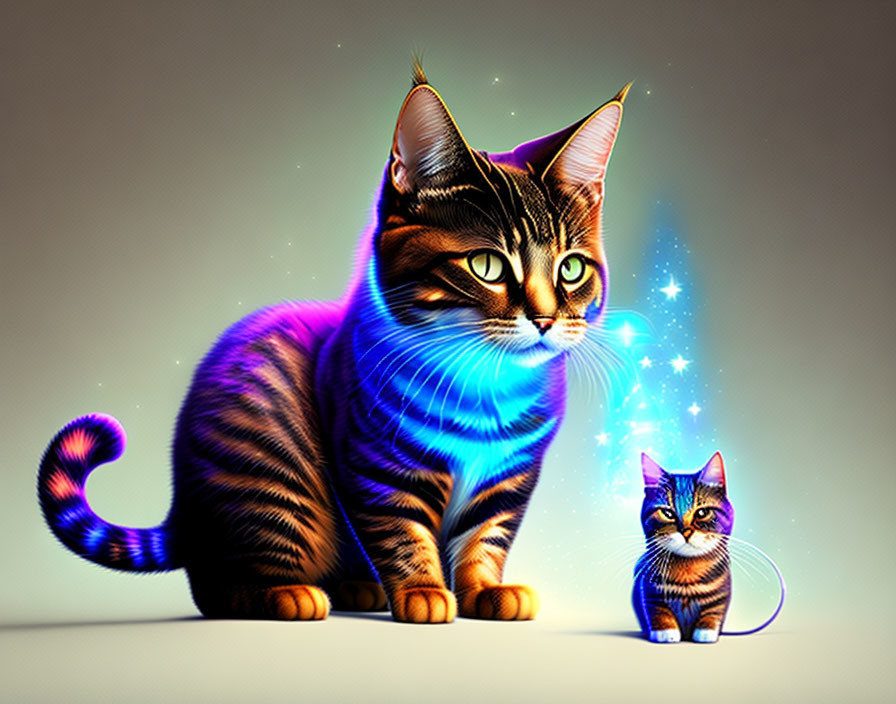 Stylized digital artwork featuring two cats with glowing blue stripes on beige background