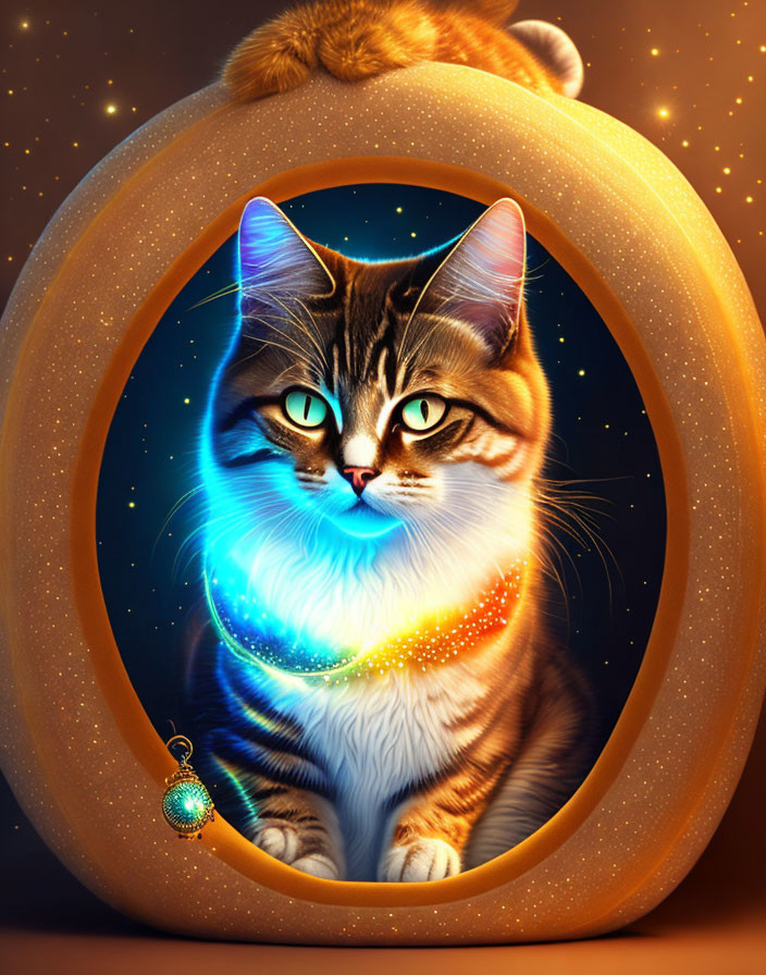 Majestic cat with glowing eyes in cosmic pumpkin universe