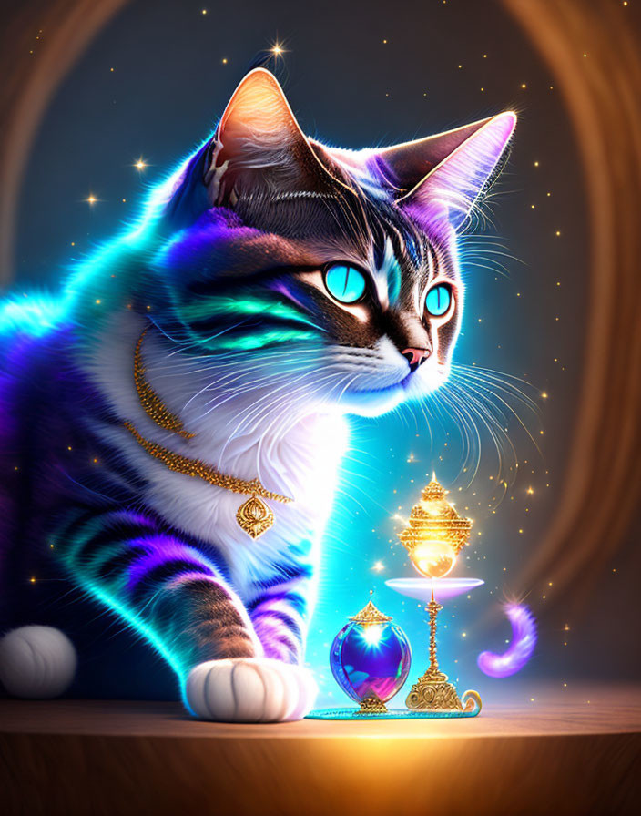 Blue and white fur cat with golden necklace beside glowing lamp and twinkling stars