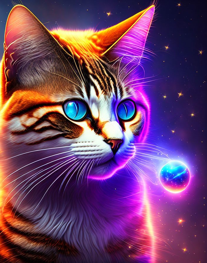 Colorful Digital Artwork: Cat with Blue Eyes in Cosmic Setting