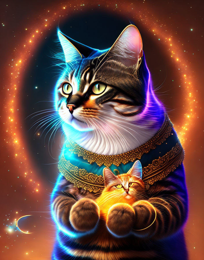 Majestic tabby cat in golden attire on cosmic backdrop