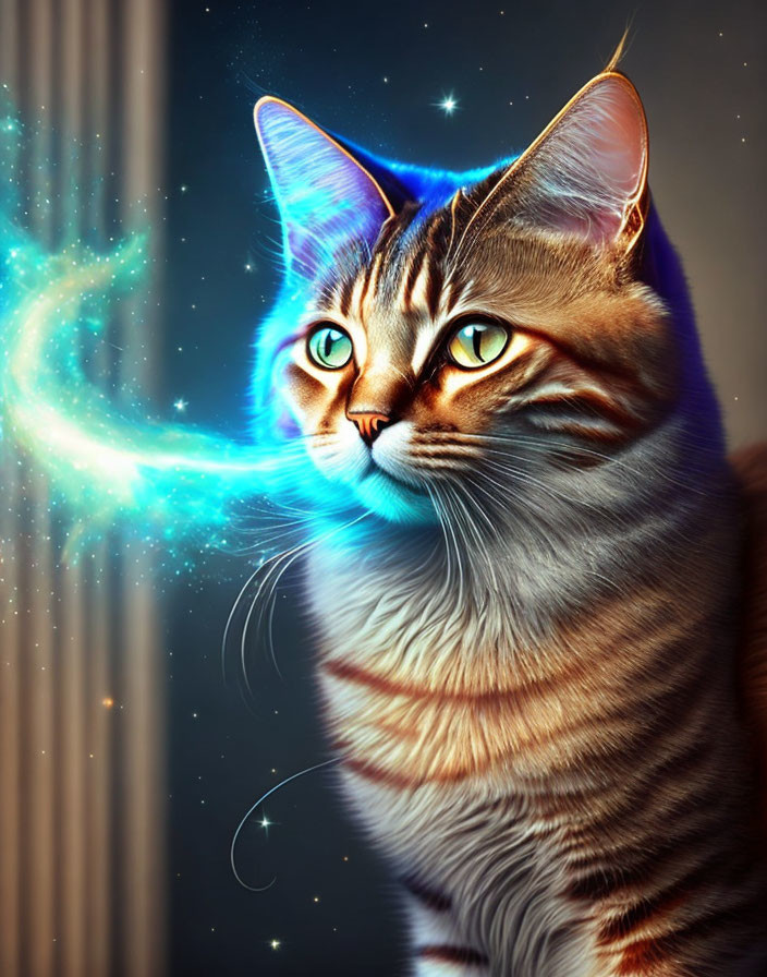 Digital Artwork: Cat with Glowing Eyes in Cosmic Galaxy