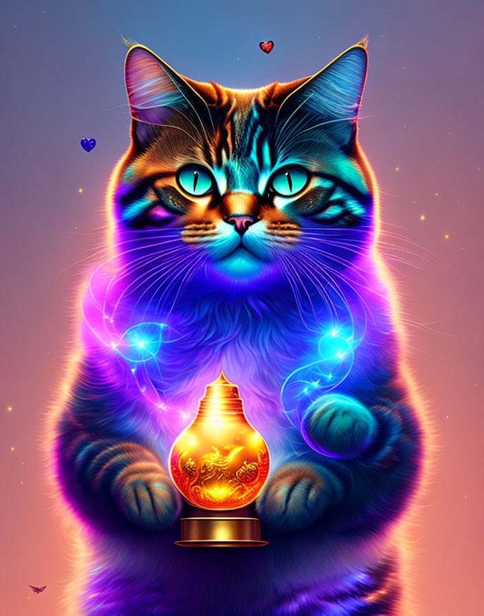 Surreal illustration: Tabby cat levitating lamp and orbs on pink-blue backdrop