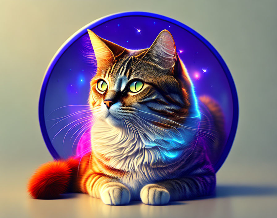 Multicolored neon glow cat on cosmic background