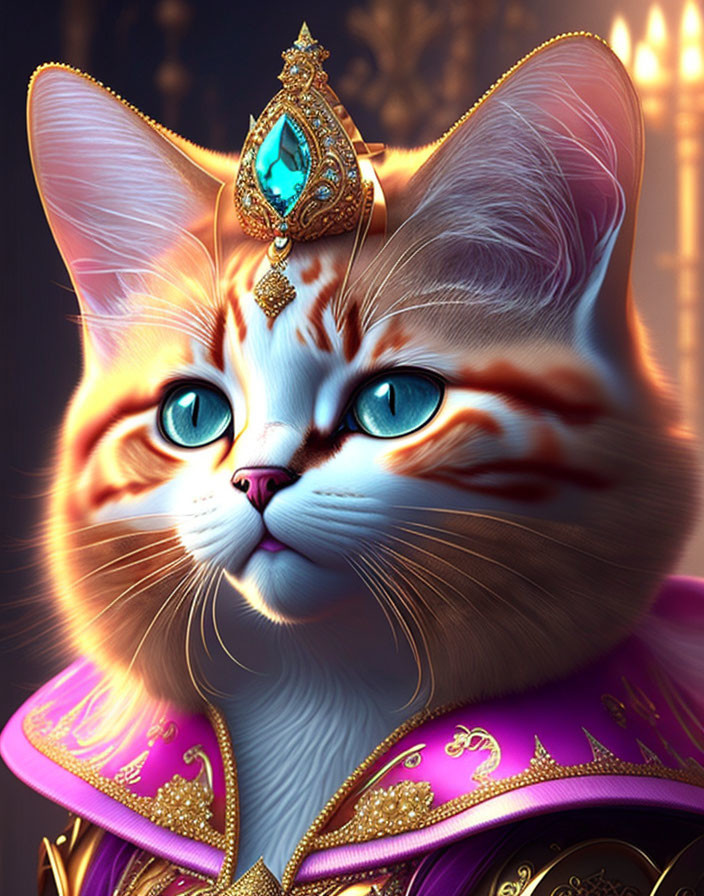 Regal cat with blue eyes in royal attire and crown