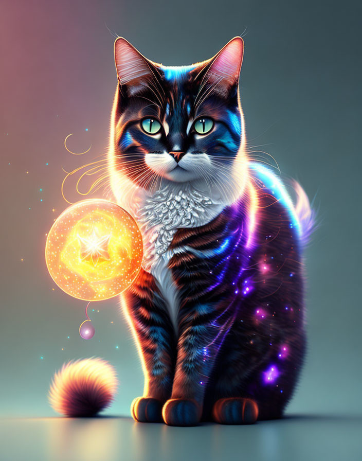 Cosmic patterned cat with glowing orb in digital art