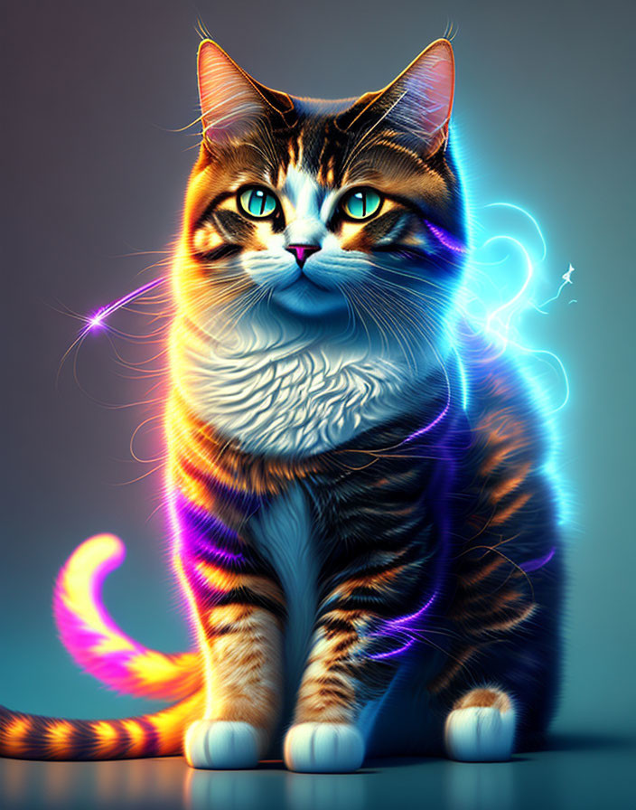 Vibrant glowing cat artwork with light swirls on moody background