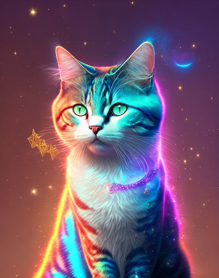 Colorful Cosmic Cat Artwork with Glowing Fur and Symbols