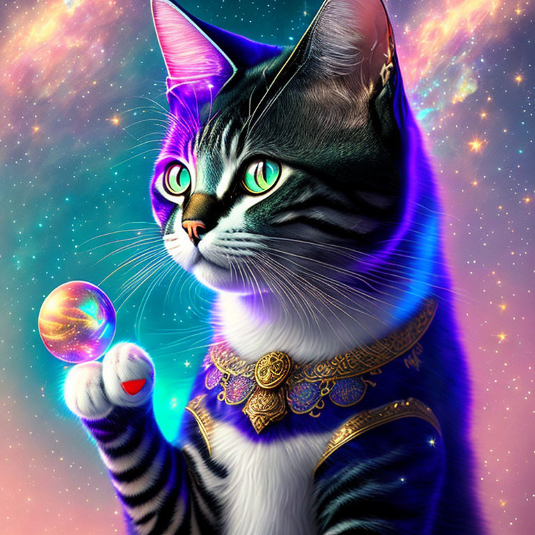 Majestic cat digital art with cosmic background and jewelry