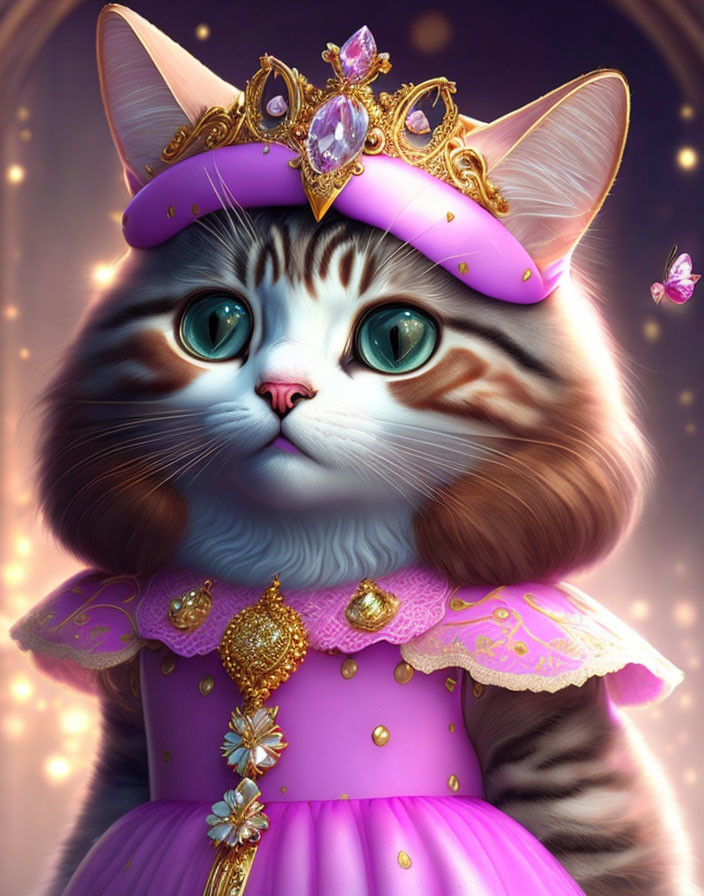 Whimsical cat in purple princess dress with crown and butterflies