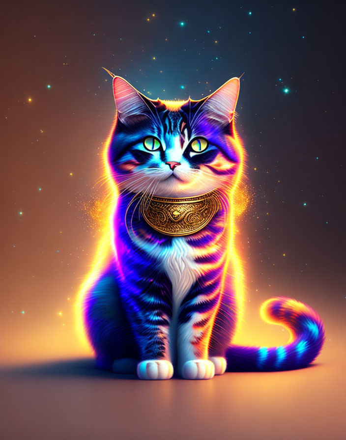 Majestic cat with cosmic patterns and glowing collar against starry backdrop